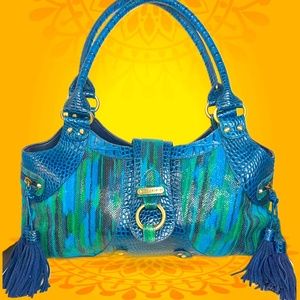 Sharif Peacock Green/Blue Croc Textured Leather Tassel Satchel Handbag